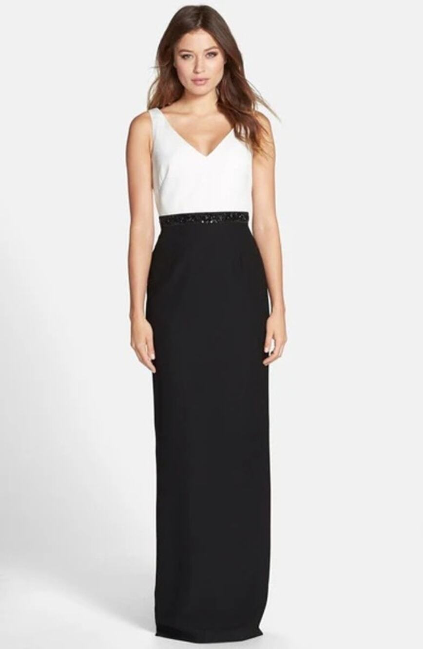 Adrianna Papell Long Beaded Waist Dress US 6 Black Tie White Classy Formal EUC
